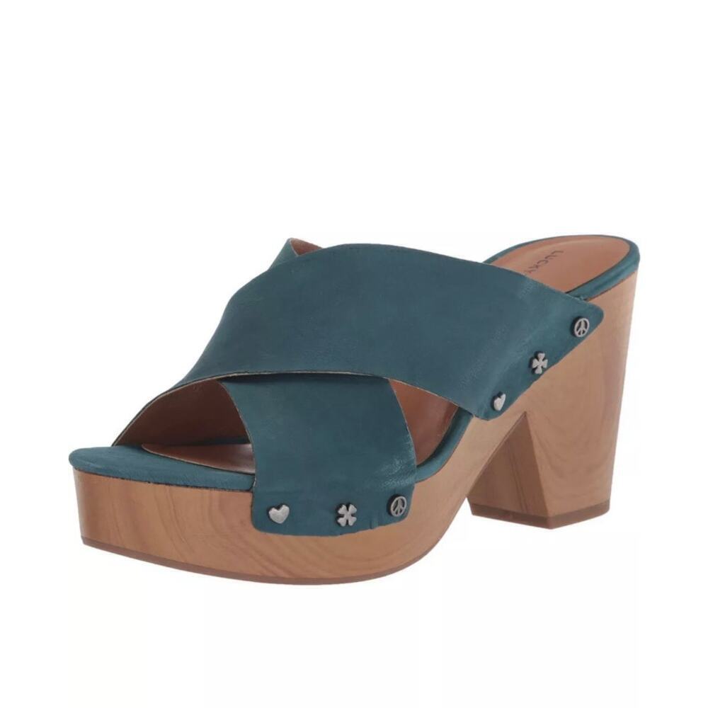 LUCKY BRAND Women's Takara Leather Heeled Sandal Slip On Blue Coral Size 8.5M